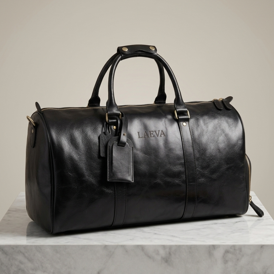 Black leather duffel bag with 'LAEVA' branding on a marble surface.