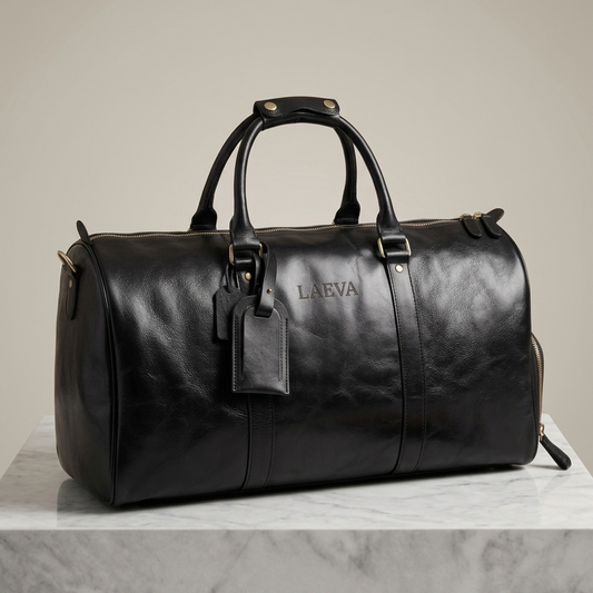 Black leather duffel bag with 'LAEVA' branding on a marble surface.