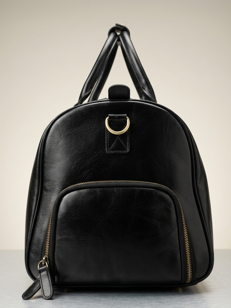 Black backpack with gold accents on a light gray background