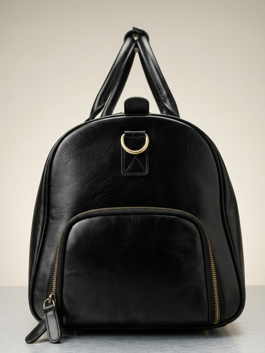 Black backpack with gold accents on a light gray background