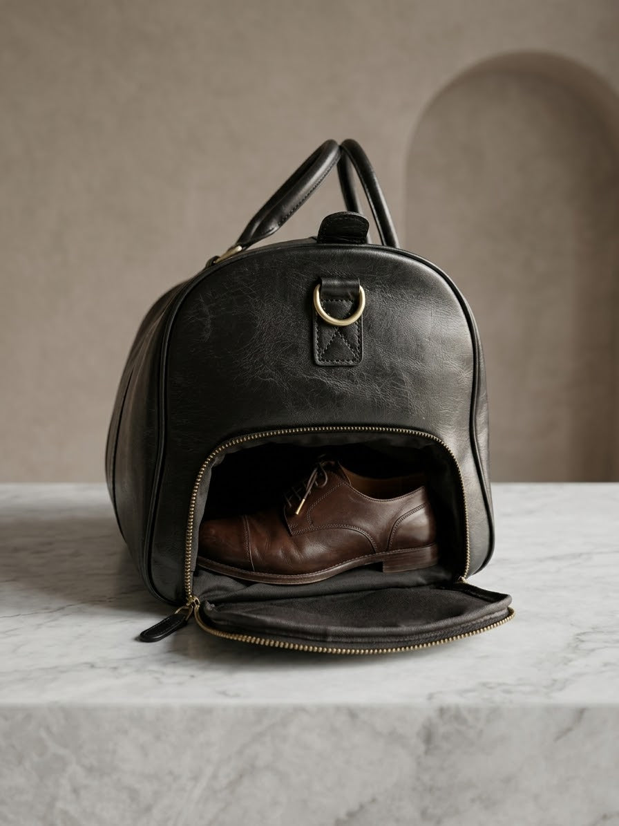 Black leather duffel bag with a brown shoe inside on a marble surface.