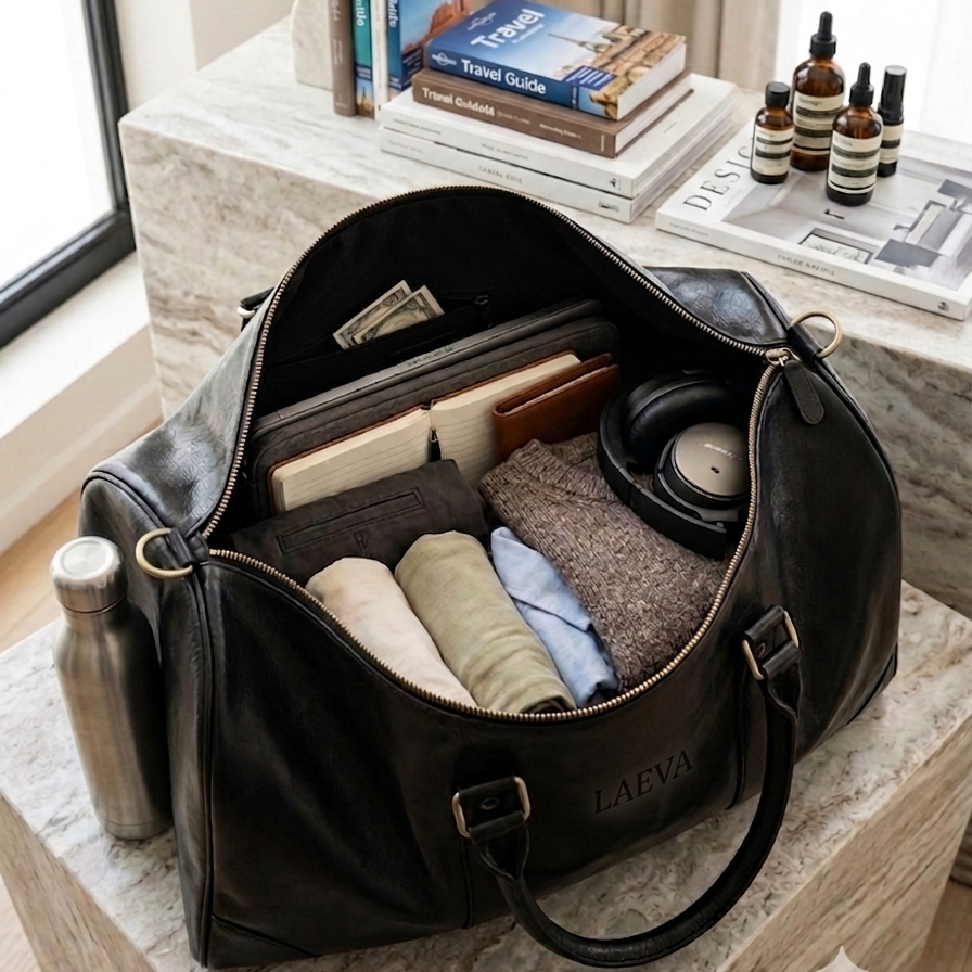 Open black leather duffel bag with travel items on a wooden surface