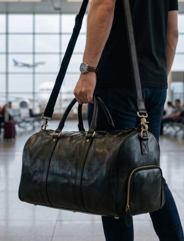 Person holding a black leather duffel bag in an airport setting