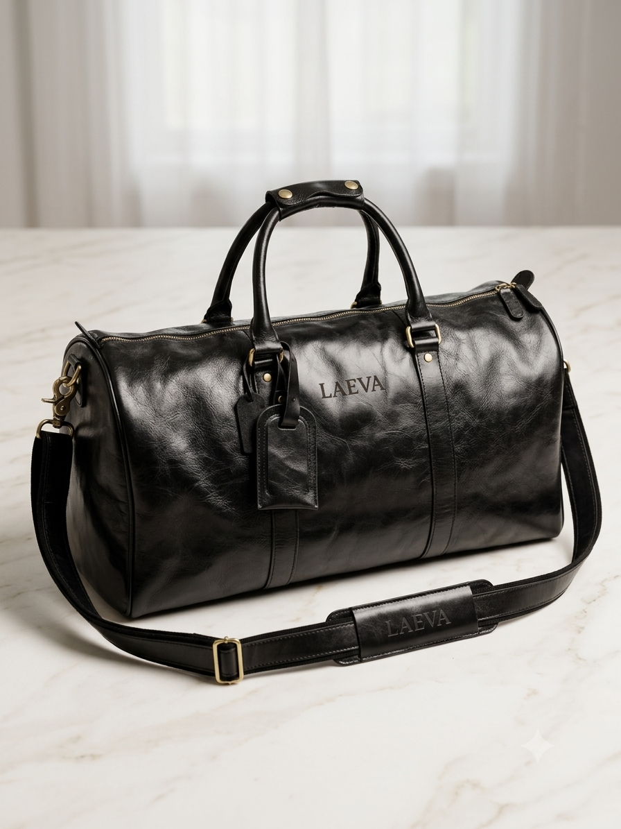 Black duffel bag with 'LAVVA' branding on a light background