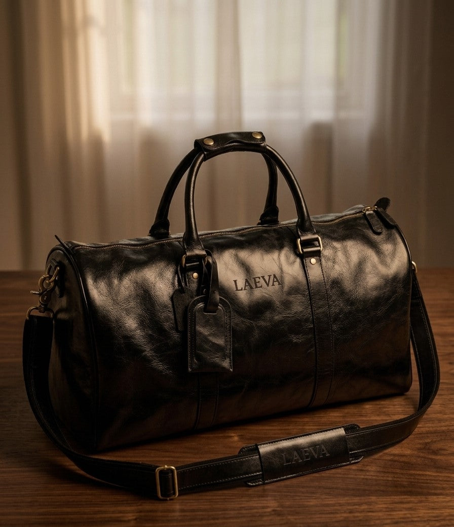 A black leather duffel bag with gold-tone hardware, featuring the brand name 'LA EVA' embossed on the front and strap, resting on a wooden table with a warm, softly lit background.