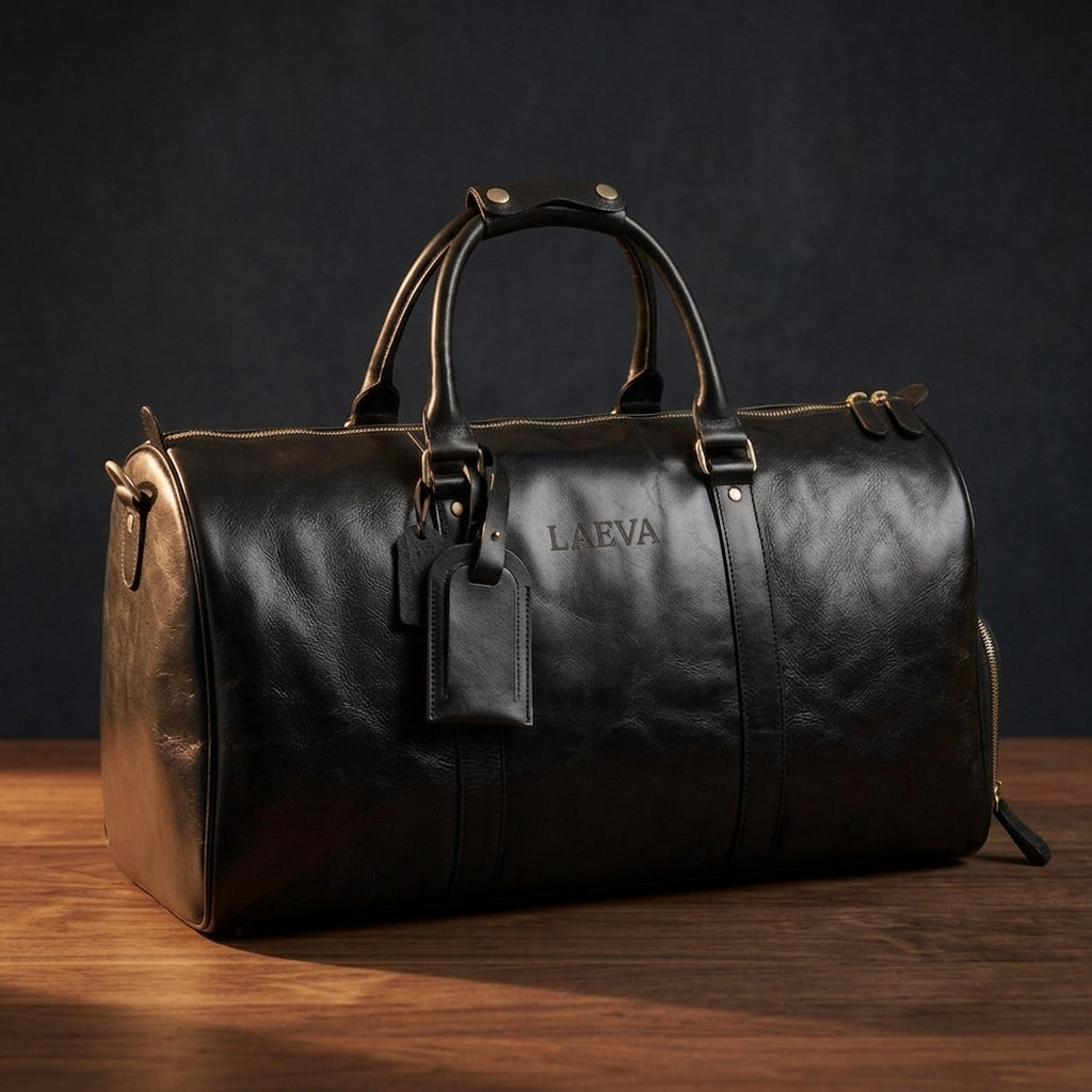 A black leather duffel bag with gold-tone hardware, featuring the brand name 'LAEMA' embossed on the front, resting on a wooden surface against a dark background.