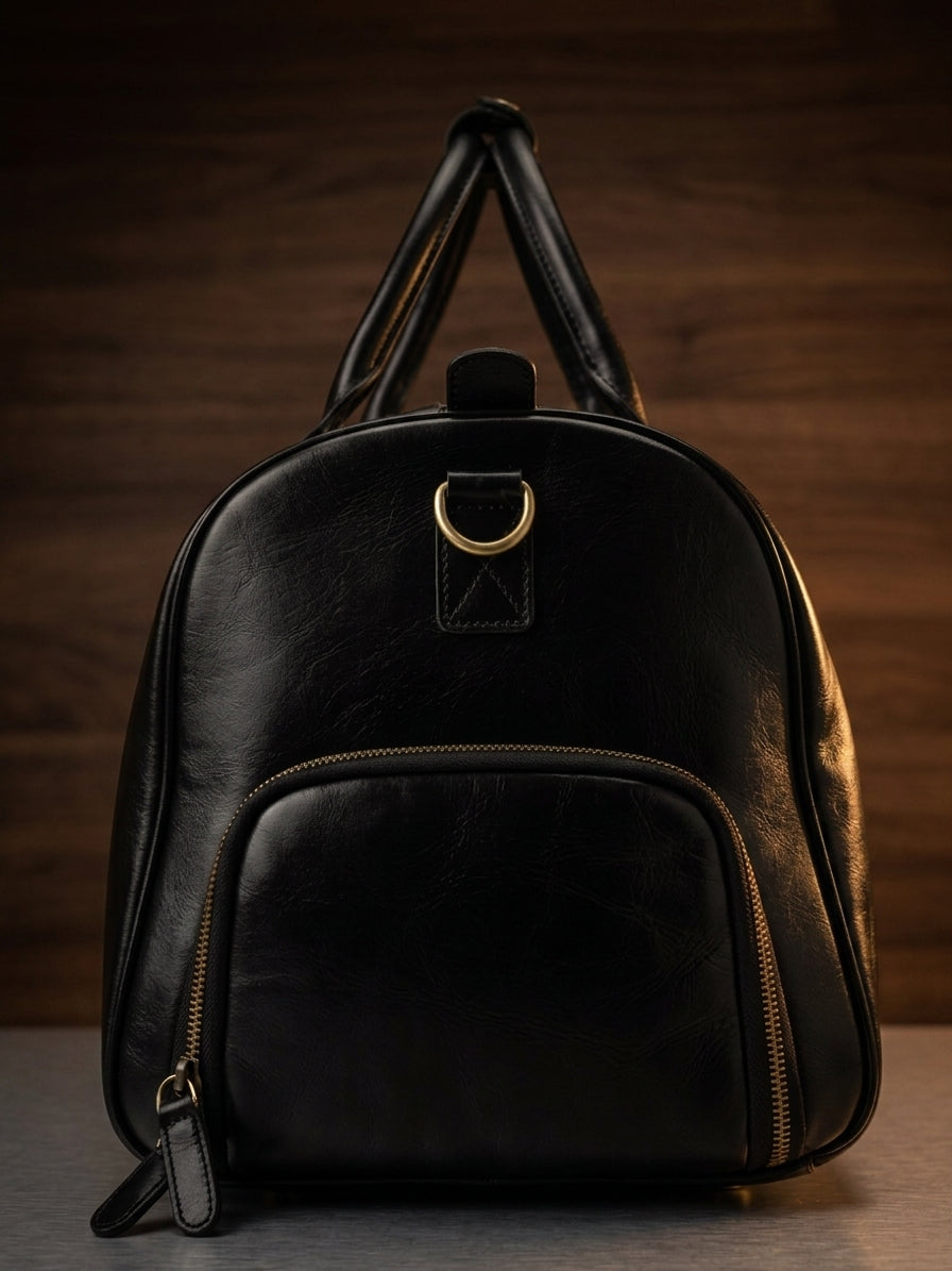 A black leather backpack with gold-tone hardware, featuring dual top handles, a front zippered pocket, and a gold D-ring detail, set against a dark wood background.