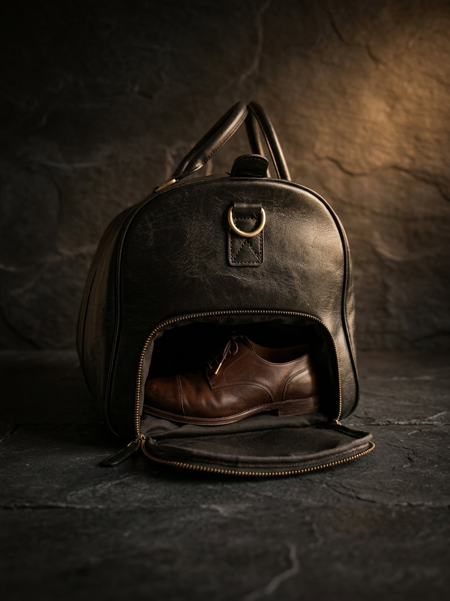 A black leather duffel bag with its front zipper open, containing a brown leather dress shoe, set against a dark textured stone background with dramatic warm lighting.